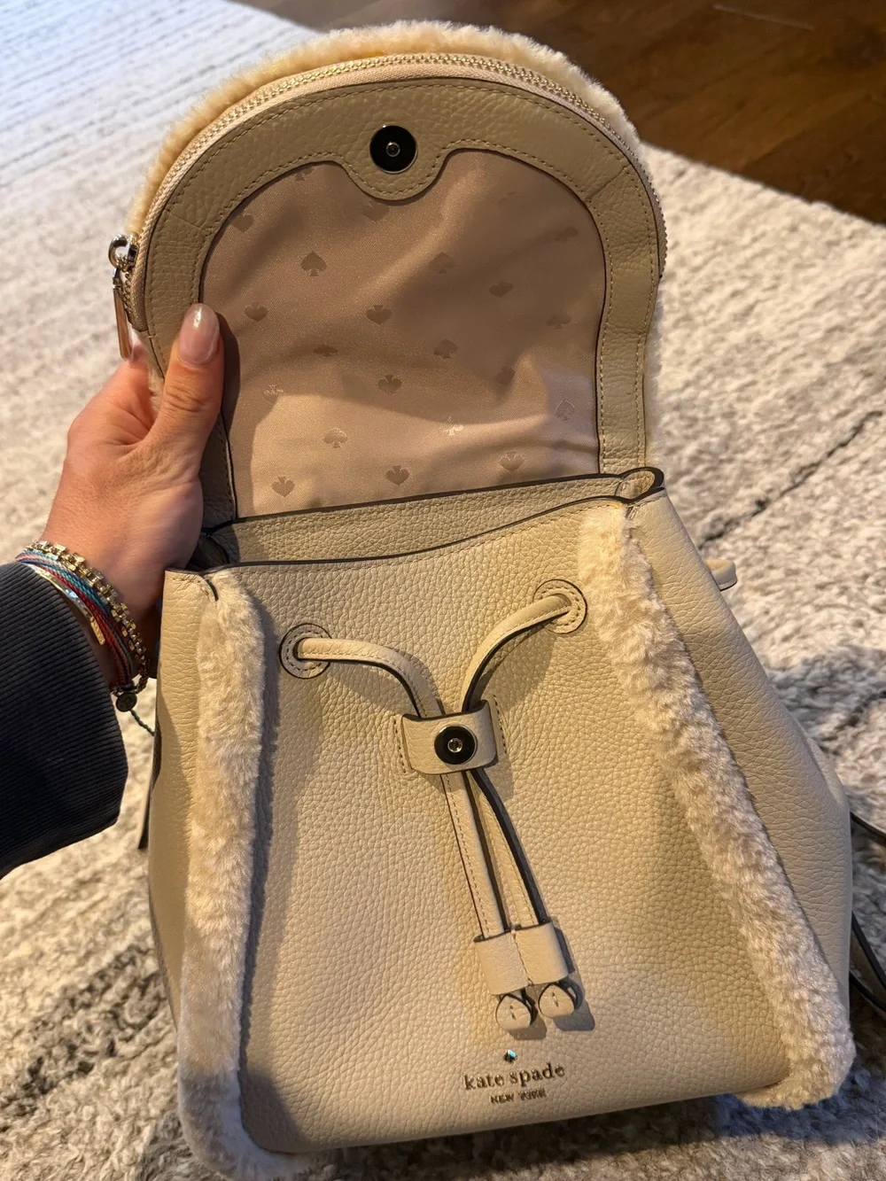 kate spade Cream Shearling-Trim Leather Backpack and Card Wallet